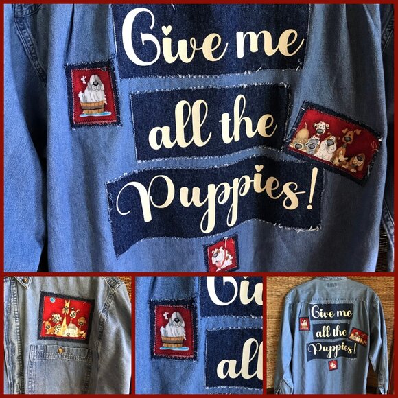 Upcycled Denim Patchwork Shirt, Size L: Give Me All the Puppies Dog Lover Jacket - Picture 9 of 9